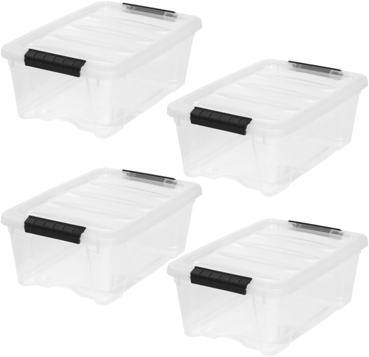 IRIS USA 4-Pack 13 Quart Storage Bins with Lids. Clear | Transparent design makes contents easy to find. Ideal for shoes. photos. documents. and small essentials. Nestable design