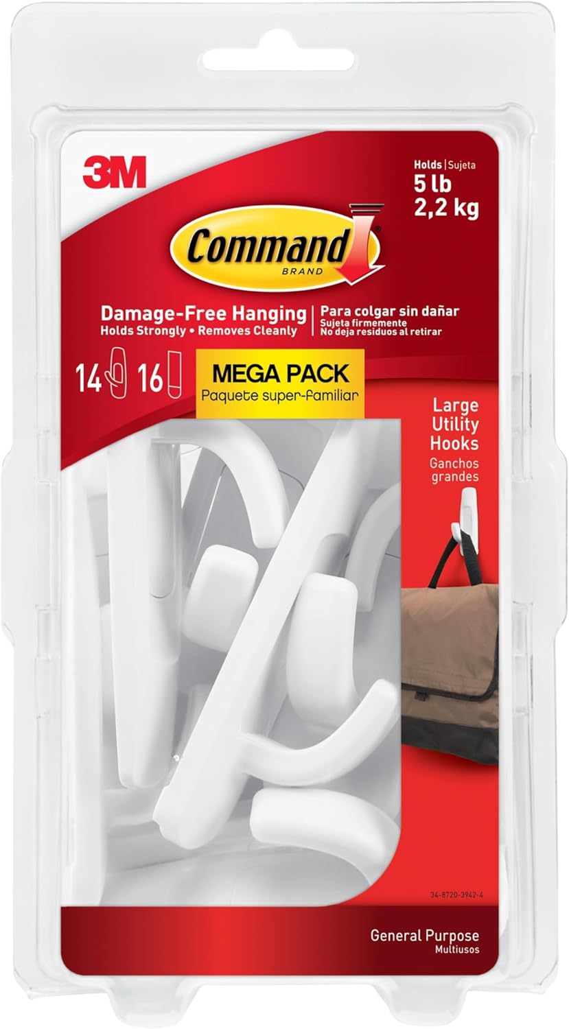 Command 5 lb Large Utility Hooks. 14 Hooks and 16 Strips. Damage-Free Hanging Wall Hook with Adhesive Strips. No Tools Required. Great for Home Kitchen Office Organization