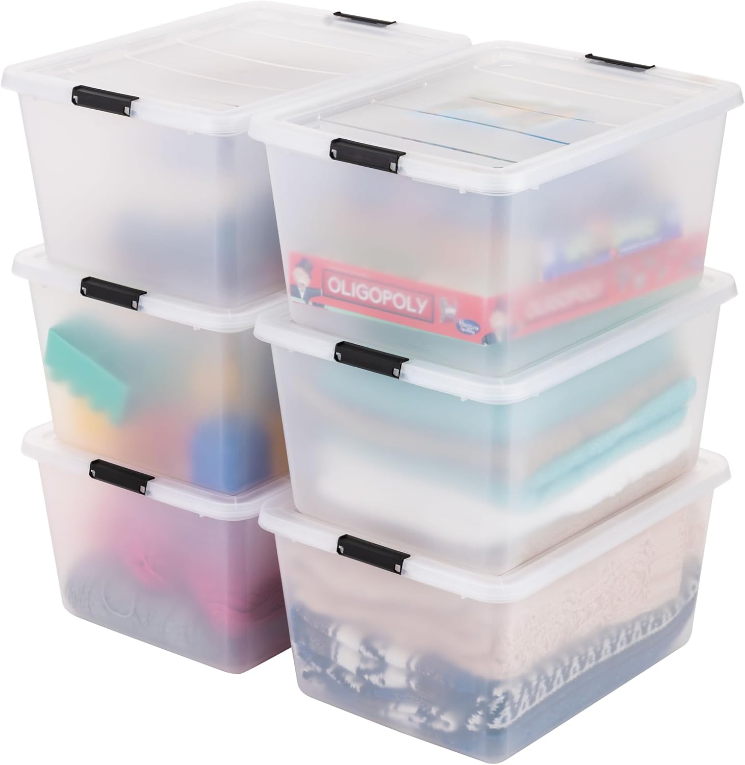 IRIS USA 6-Pack 32 Quart Clip Box with Latching Lid | Latching lid secures office and household supplies. Stackable. nestable design maximizes storage space